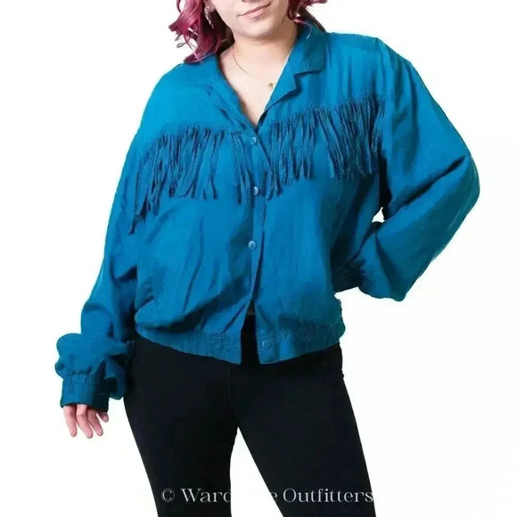 Vintage 80s Western Fringe Tassel Bright Blue Jacket - Picture 3 of 8
